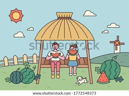 Cute children are eating watermelon in the shelter in the watermelon field. Korean summer landscape. flat design style minimal vector illustration.