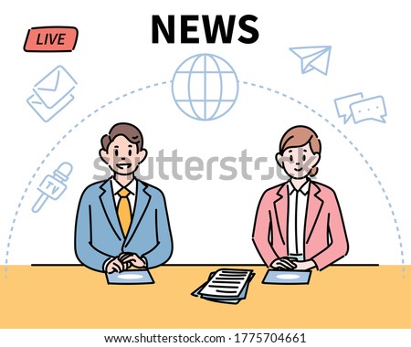 The news studio's male and female anchors are delivering the news. hand drawn style vector design illustrations. 