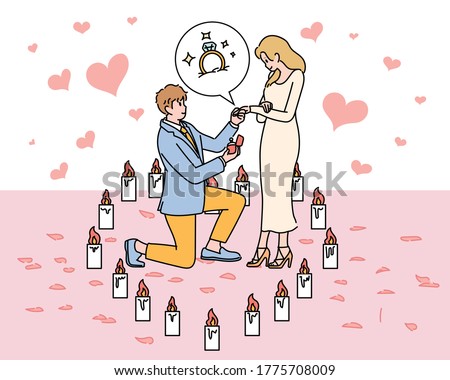 A man is kneeling to a woman and proposing. hand drawn style vector design illustrations. 