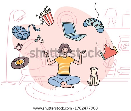 A woman is sitting in a room with a cat. Movie, game and music objects are floating around her. hand drawn style vector design illustrations. 