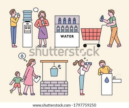 People are drinking water in different ways. flat design style minimal vector illustration.