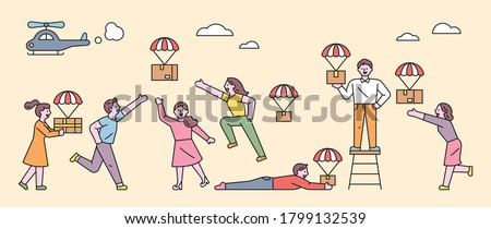 Helicopters are dropping delivery boxes from the air. People are holding parachutes and falling boxes. flat design style minimal vector illustration.