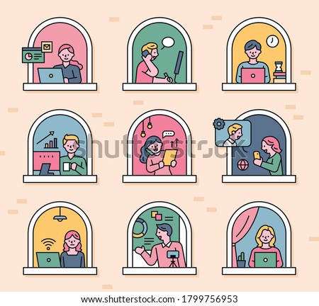 Neighbors working from home can be seen through the windows of the building. flat design style minimal vector illustration.