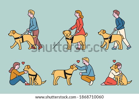 A blind guide dog and a blind person walking with his help. They are making friendships with each other. flat design style minimal vector illustration.