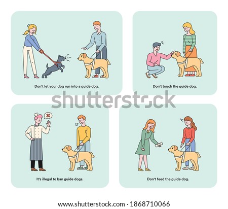 Information illustration for guide dogs for the visually impaired. Prohibited rules and social issues. flat design style minimal vector illustration.