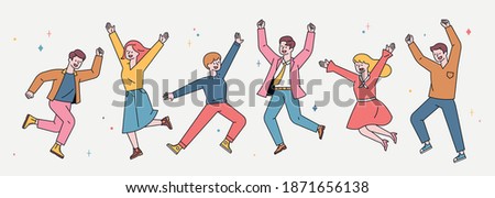 People are jumping with joyful expressions. A character with an outline of young adults in casual fashion. flat design style minimal vector illustration.