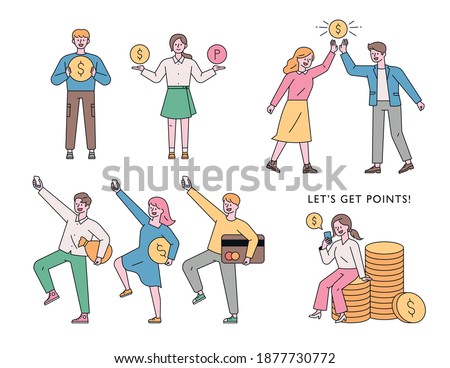 A man is holding a money icon. A woman put a money icon on her farm. The two are making a high five. He is in a lively pose with a money symbol in his hand. flat design style minimal illustration.