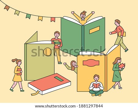 Book Festival poster. In a library with a large book built like a building, people are walking around and reading. flat design style minimal vector illustration.