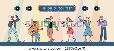 Musicians singing in a singing contest. Characters playing guitar or dancing and singing in various poses. flat design style minimal vector illustration.