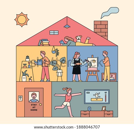 People inside the residence building. Home gardening, painting, yoga. flat design style minimal vector illustration.