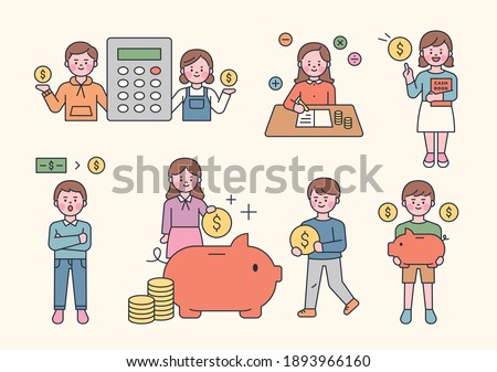 Savings, finance character set. There are cute kids with financial icons.