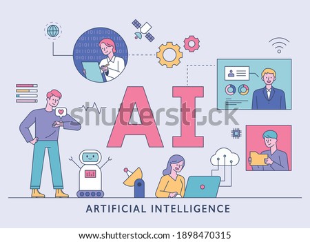 Artificial intelligence lifestyle. Users and scientists exchange information around AI characters. flat design style minimal vector illustration.