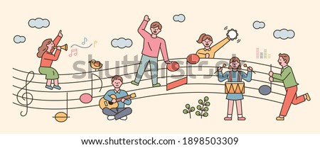 People sit on sheet music and sing and play musical instruments. flat design style minimal vector illustration.