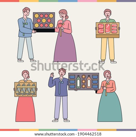 A gift set that Koreans love. People in traditional Korean costumes are showing off gift items. flat design style minimal vector illustration.