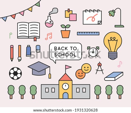 School icon collection. School supplies, books, and buildings objects. flat design style minimal vector illustration.