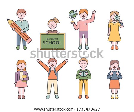 A collection of small and young elementary school characters. Children are standing with various objects in their hands. flat design style minimal vector illustration.