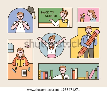 A collection of students wearing school uniforms. A composition in which children are studying in various types of frames. flat design style minimal vector illustration.