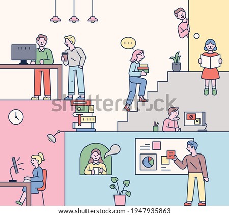 Students who study in a fun space. Space structure with stairs and characters arranged in several places. flat design style minimal vector illustration. ストックフォト © 