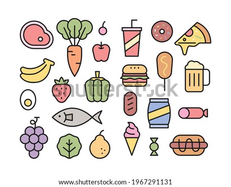 Fresh ingredients and high calorie foods icon collection. flat design style minimal vector illustration.