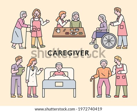 Various duties of the elderly and nurses in nursing homes. flat design style minimal vector illustration.