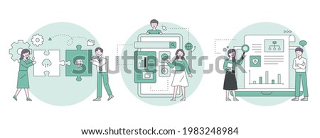 Man explaining settings icon on digital device, colleague doing two puzzles, people looking at analytics online. Outline flat design style minimal vector illustration set. Photo stock © 