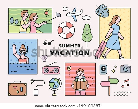 People on vacation and vacation icon set composition in square frame. flat design style minimal vector illustration.