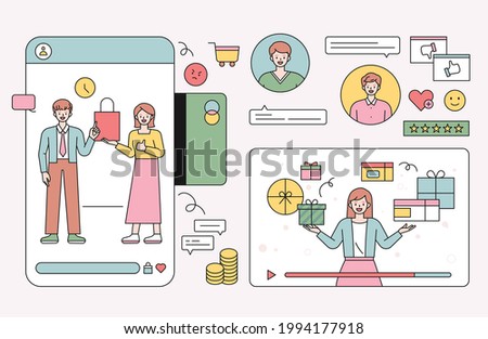 Marketing of famous influencers and reviews of followers. Shopping and review icons are arranged around mobile and web screens. flat design style minimal vector illustration.