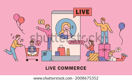 Selling items on the mobile screen and people around you are making purchases. Promotional template. flat design style minimal vector illustration.
