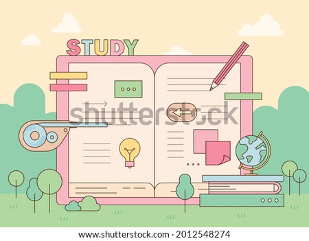 Text and icons are written on the open note. Education icons are decorated around. soft pastel color banner poster illustration.