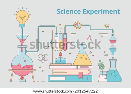 Chemical laboratory flasks are connected and stacked with books. Outline simple flat design banner illustration.
