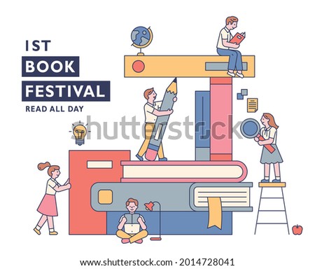 Book festival banner poster. Students are sitting around a pile of huge books and studying. outline simple vector illustration.