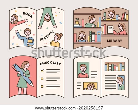 Various book illustrations in the frame of an open book. happy people. people in the library. person who writes. outline simple vector illustration.