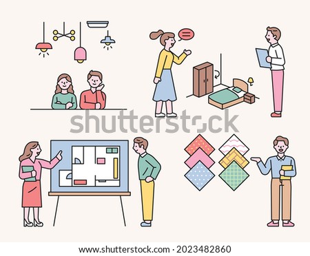 interior stores. A lighting store, a furniture store, a wallpaper store. model house. outline simple vector illustration.