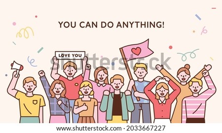 Friends gather together and cheer. outline simple vector illustration.