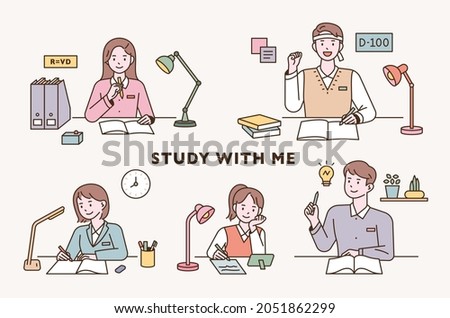 Students are sitting at their desks and studying hard. flat design style vector illustration.