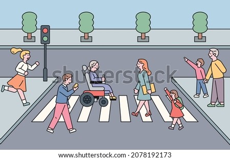 People are crossing the crosswalk. people crossing safely. people crossing dangerously. flat design style vector illustration.