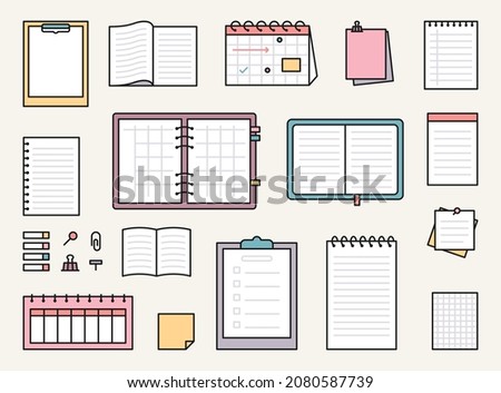 Various stationery for taking notes. Types of notes and pages. flat design style vector illustration.