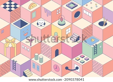 Cute icons in cube space. Space movement through the hole and items are placed on the cube. flat design style vector illustration. ストックフォト © 