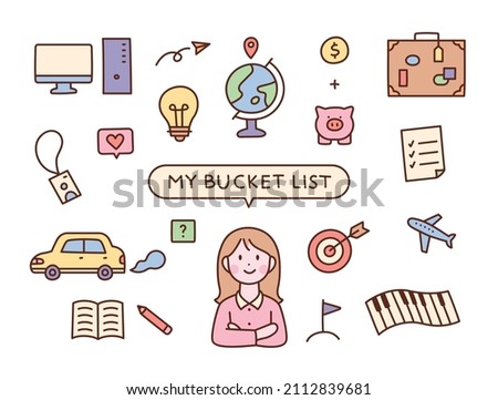 A girl is thinking of a bucket list. There are many icons floating around the girl. flat design style vector illustration.