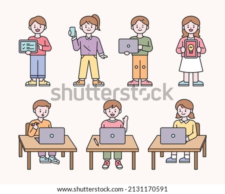 Cute students are sitting in the classroom and teaching online lessons on laptops. flat design style vector illustration.