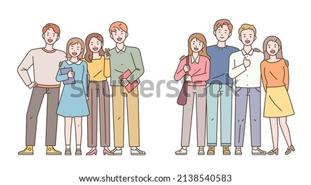 Colleagues and friends are standing together and smiling. outline simple vector illustration.