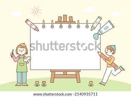 A large sketchbook is on the easel. Children are standing around with art tools. Cute background. flat design style vector illustration.