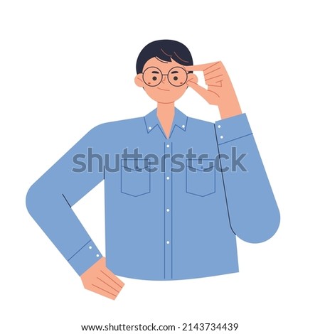 A man holds glasses in his hand and makes a sharp expression. flat design style vector illustration.