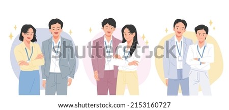 Office workers with employee IDs around their necks are standing in a confident pose and looking straight ahead. flat design style vector illustration.	