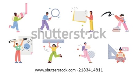 Small and cute people are busy carrying huge stationery. flat design style vector illustration.