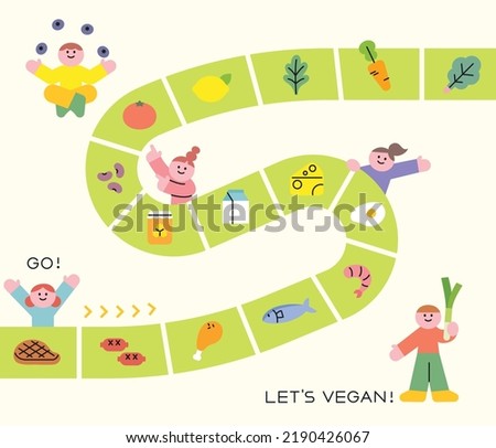 Board game concept vegan map. Healthy food is laid out on the road. flat design style vector illustration.