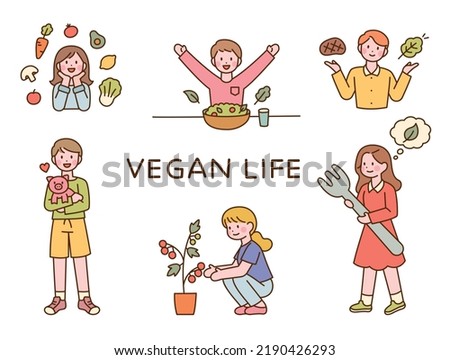 vegan life. A person holding a baby pig. People who grow and eat vegetables. flat design style vector illustration.