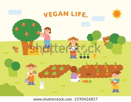 Vegan life. Cute characters are growing vegetables on the farm. A person picking fruit from a tree. The bear hiding behind the broccoli. flat design style vector illustration.