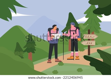 Two hikers are hiking while looking at a map. Hiking trail background. flat vector illustration.