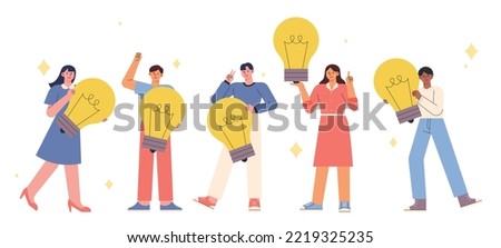 People gather happily with large light bulbs in their hands. flat vector illustration.